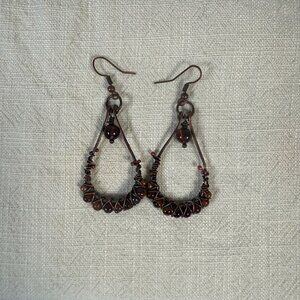 Handmade Copper Wire Wrapped Tigers Eye Teardrop Dangle Earrings Artisan Jewelry